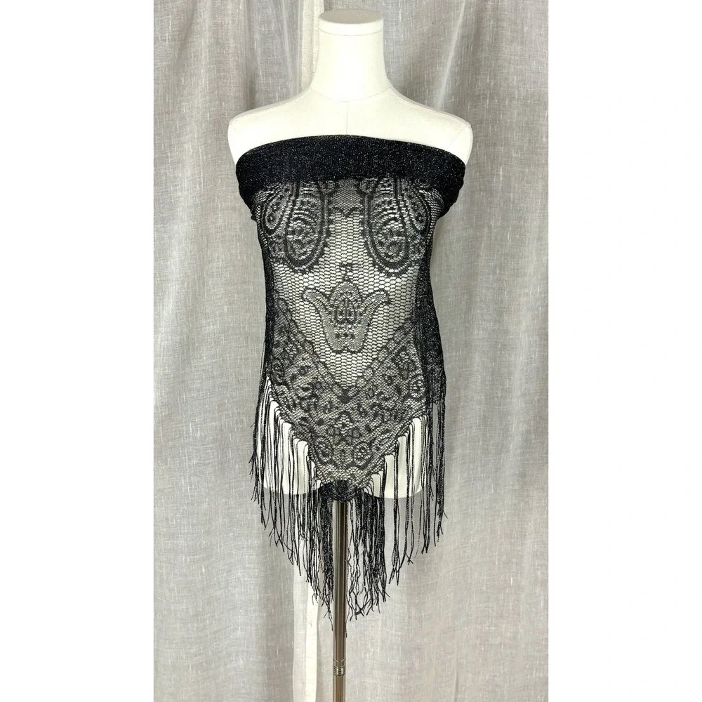 Paisley Black Metallic Shawl With Fringe Sheer Sparkle Witchy Boho Festival OS